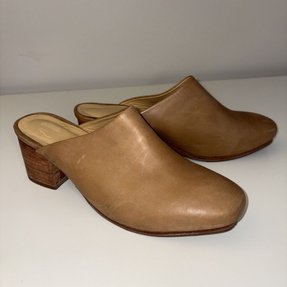Nisolo Mules 8.5 Women Almond Tan Leather All Day Block Heel Slip On *Narrow